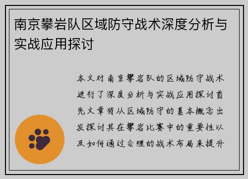 南京攀岩队区域防守战术深度分析与实战应用探讨