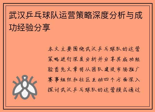 武汉乒乓球队运营策略深度分析与成功经验分享