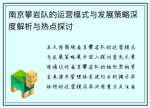 南京攀岩队的运营模式与发展策略深度解析与热点探讨