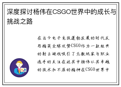 深度探讨杨伟在CSGO世界中的成长与挑战之路