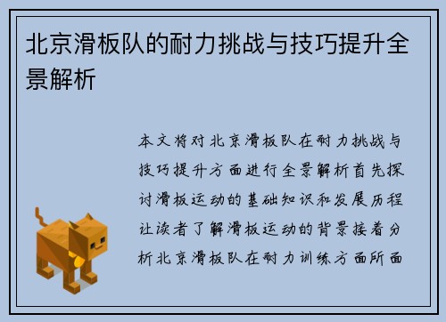 北京滑板队的耐力挑战与技巧提升全景解析